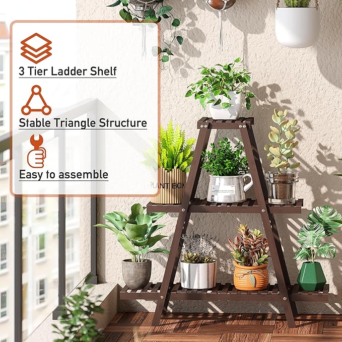 GHWIE Plant Stand Indoor Plant Shelf Outdoor bamboo Plant Rack, 3 Tiers Ladder - Image 6