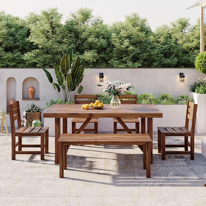 Outdoor Dining Set for 6, Acacia Wood Patio Dining Table Set - Image 2