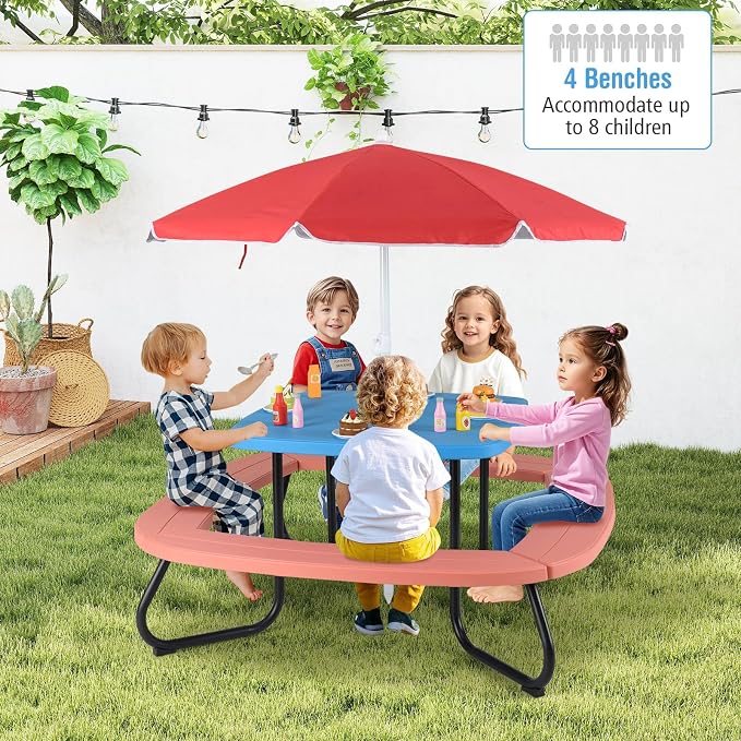 HONEY JOY Kids Picnic Table, 8 Person Toddler Outdoor Table and Chair Set - Image 2