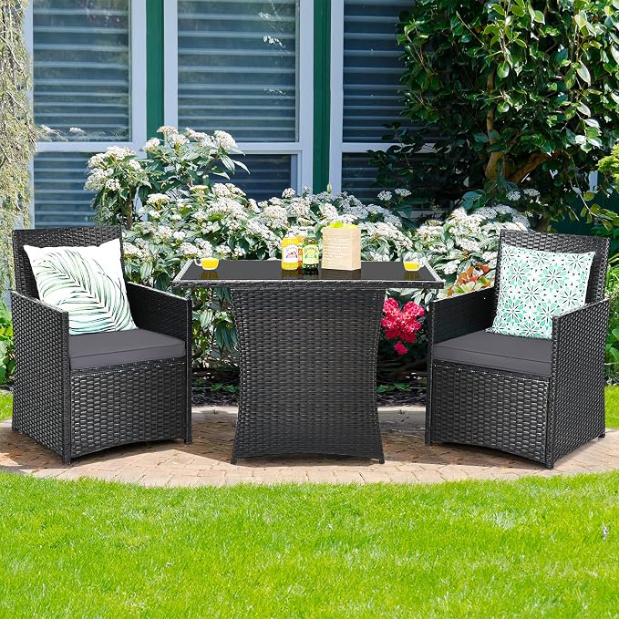 Tangkula 3 Pieces Patio Dining Set, Space-Saving PE Rattan Bistro Set - Image 3