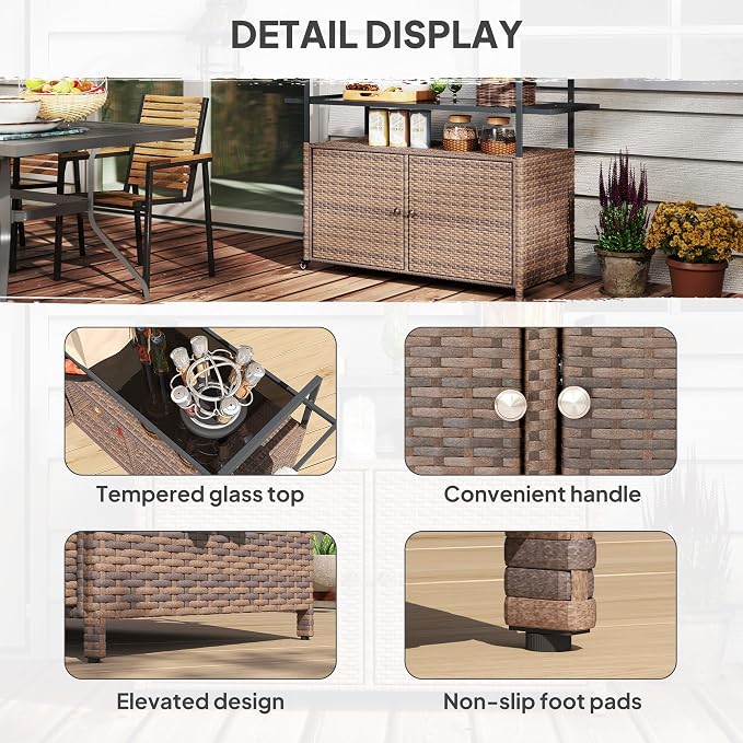 Outsunny PE Rattan Outdoor Storage Cabinet, Wicker Outdoor Bar Table Kitchen - Image 8