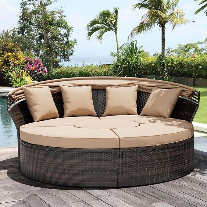 Crownland Outdoor Daybed with Retractable Canopy, Patio Round Daybed with - Image 8