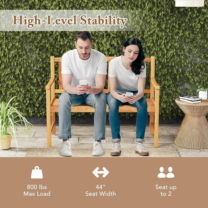 HAPPYGRILL Outdoor Wood Bench, 2-Seat Acacia Wood Loveseat Chair w/Slatted Seat - Image 5