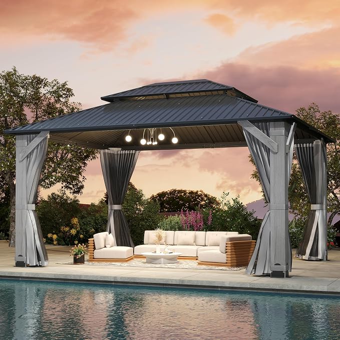 12'x16' Hardtop Wood Gazebo, Outdoor Double Roof Galvanized Steel Top Gazebo - Image 2