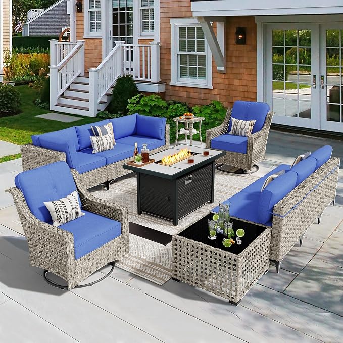 11 Pieces Outdoor Patio Furniture Set, Rattan Wicker Sectional Swivel Rocker by CAODOCPatioFurniture