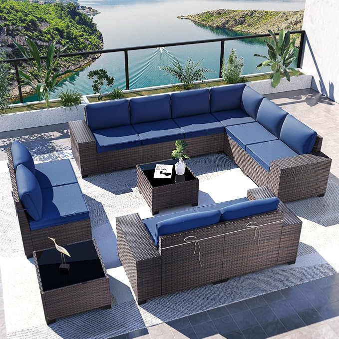 Kullavik Outdoor Patio Furniture Set, 12 Pieces Sectional Rattan Sofa Set Brown by KULLAVIK