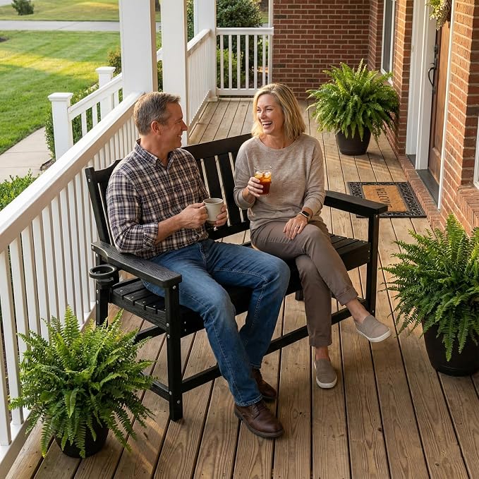 Outdoor Bench with Cup Holder All-Weather HDPE Fade Resistant Garden Bench 660 - Image 2