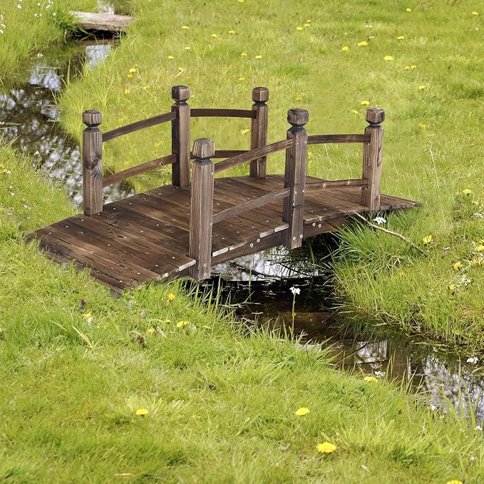 5FT Wooden Garden Bridge Arch Stained Finish Footbridge Decorative Backyard - Image 9