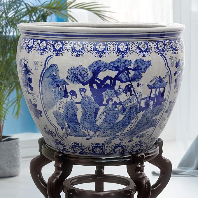 18" Ladies Blue & White Porcelain Fishbowl - Image 7