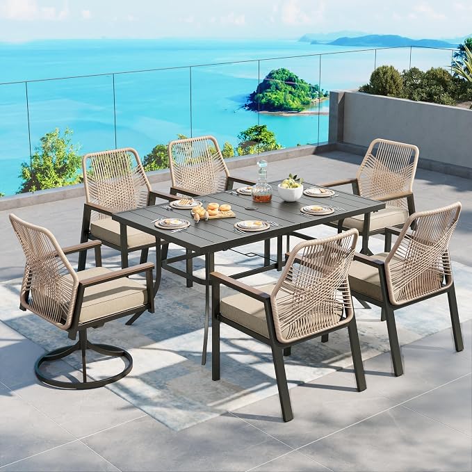 Patio Dining Set 7 Piece, 4 Woven Rattan Fixed Chairs and 2 Swivel Chairs by SUNSHINEVALLEY