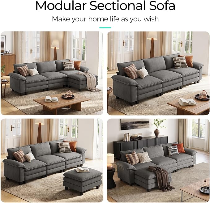 LINSY HOME 123'' Modular Sectional Sofa Grey Couch Corduroy Cloud Couches - Image 7