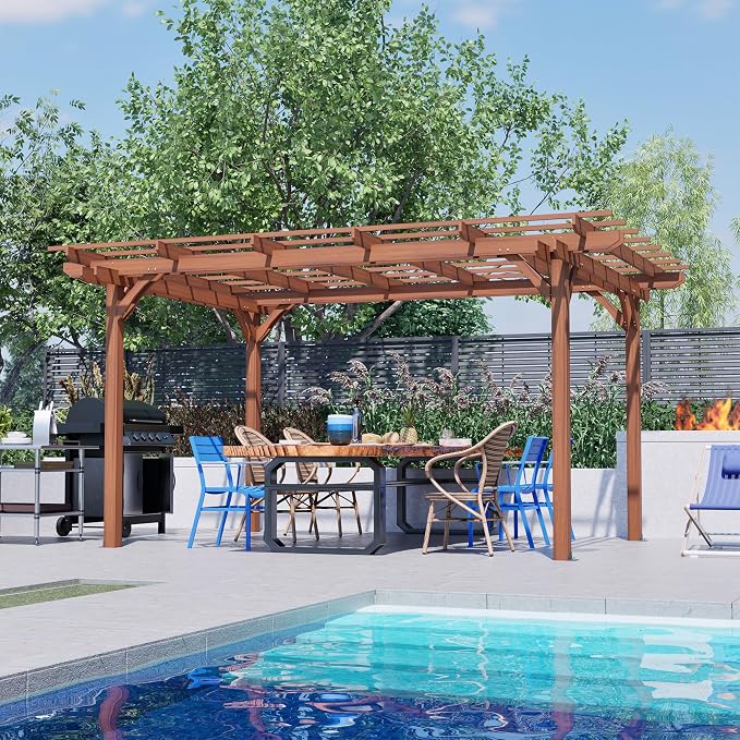 12' x 10' Outdoor Wood Pergola, Wooden Patio Pergola Gazebo Sunshade by Hohuqeri