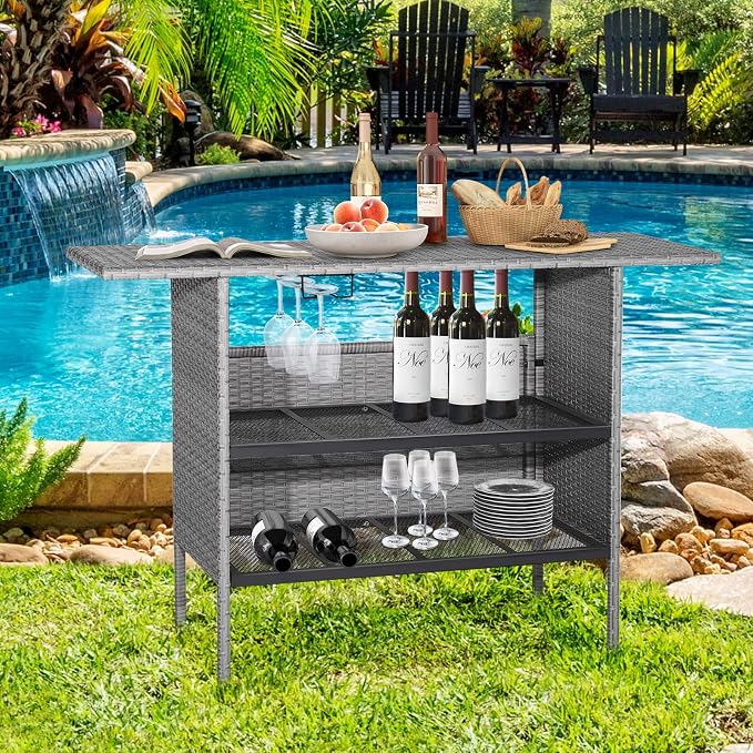 Tangkula Outdoor Wicker Bar Table, Patiojoy All Weather Patio Bar Height Table - Image 2