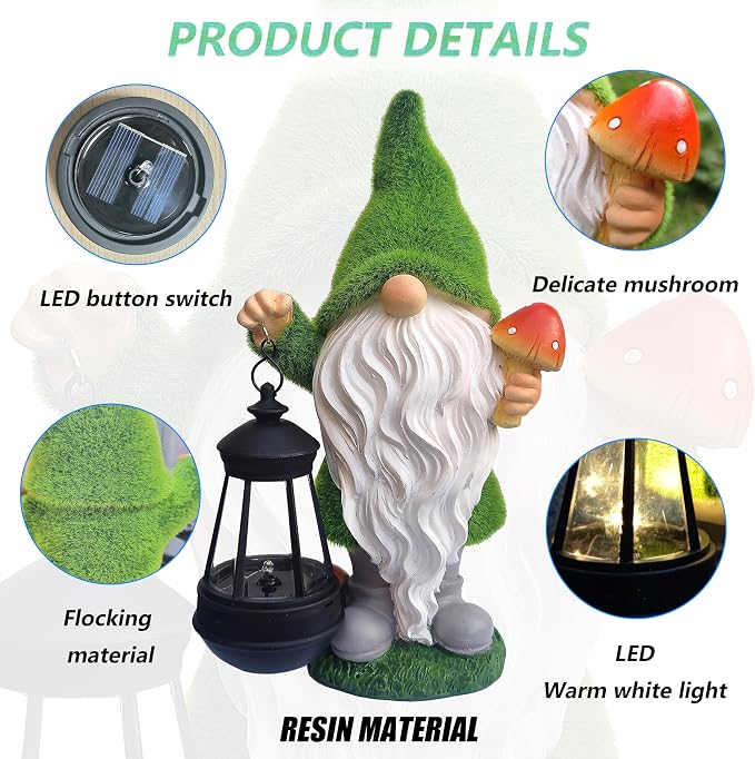 Gnomes Solar Garden Statues, Resin Gnome Figurine Decorations Holding Mushroom - Image 5