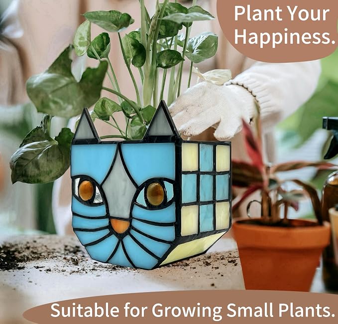 Stained Glass Blue Cat Planter, Plant pots - Image 6