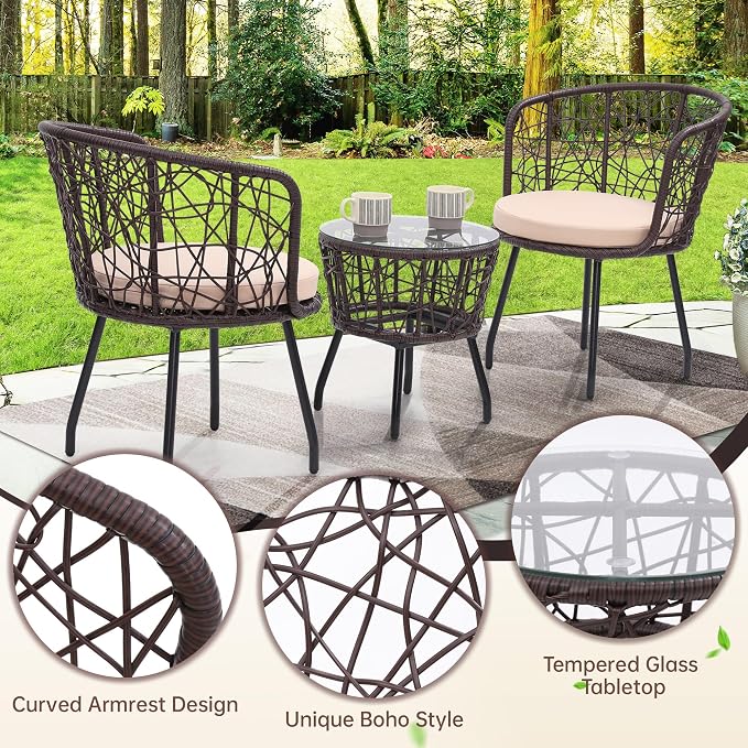 Kromax 3 Piece Bistro Set, Modern Outdoor Wicker Patio Furniture - Image 4