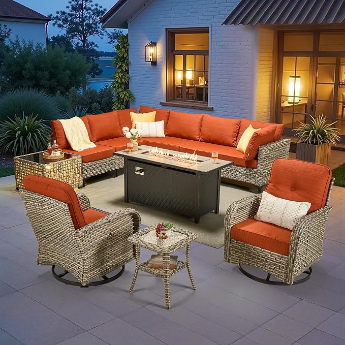 11-Piece Outdoor Sectional Sofa Set w/ 54" Fire Pit – L-Shaped Wicker Patio by CAODOCPatioFurniture