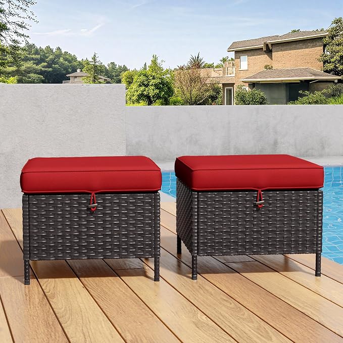 Patio Wicker Ottomans with Removable and Washable Covers, PE Rattan Outdoor - Image 2