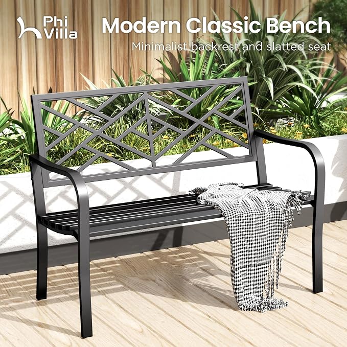 PHI VILLA 43 Inch Cast Iron Steel Frame Outdoor Garden Bench, Patio Furniture - Image 3
