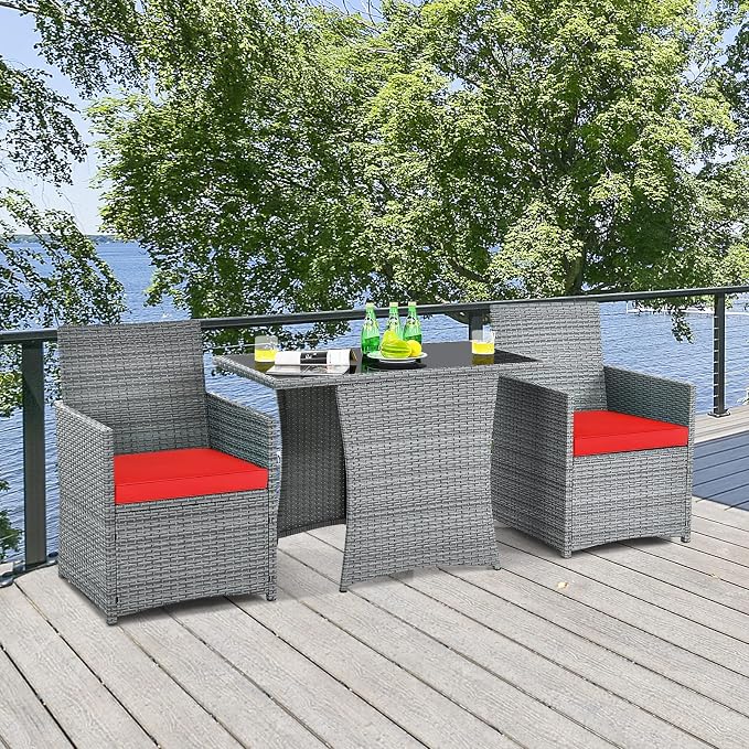 Tangkula 3 Pieces Patio Dining Set, Patiojoy Space-Saving PE Rattan Bistro Set - Image 2
