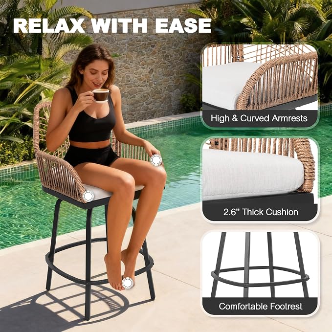 NUU GARDEN 3-Piece Patio Bar Set, All Weather Rattan Swivel Stools 360 Degree - Image 4
