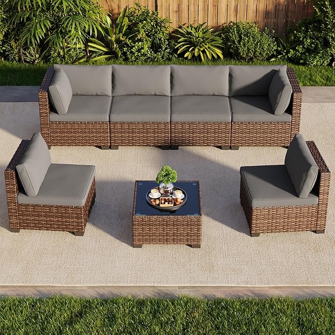 7 Pieces Patio Furniture Set, Outdoor Sectional Rattan Sofa Set, Wicker Patio - Image 9