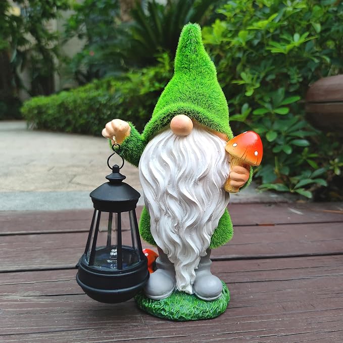 Gnomes Solar Garden Statues, Resin Gnome Figurine Decorations Holding Mushroom - Image 2