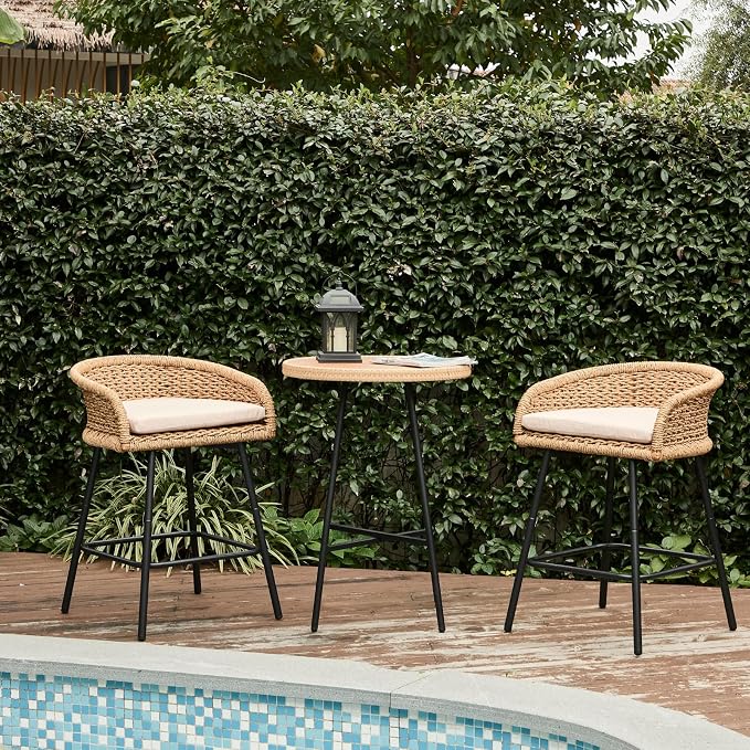 25" Outdoor Counter Height Bar Stools Set of 2, Modern Patio Wicker Bar Chairs - Image 3