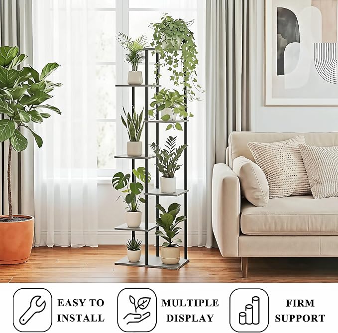 Plant Stand Indoor 7 Tier 8 Potted Metal Wood Plant Shelf, Oak Grey - Image 4