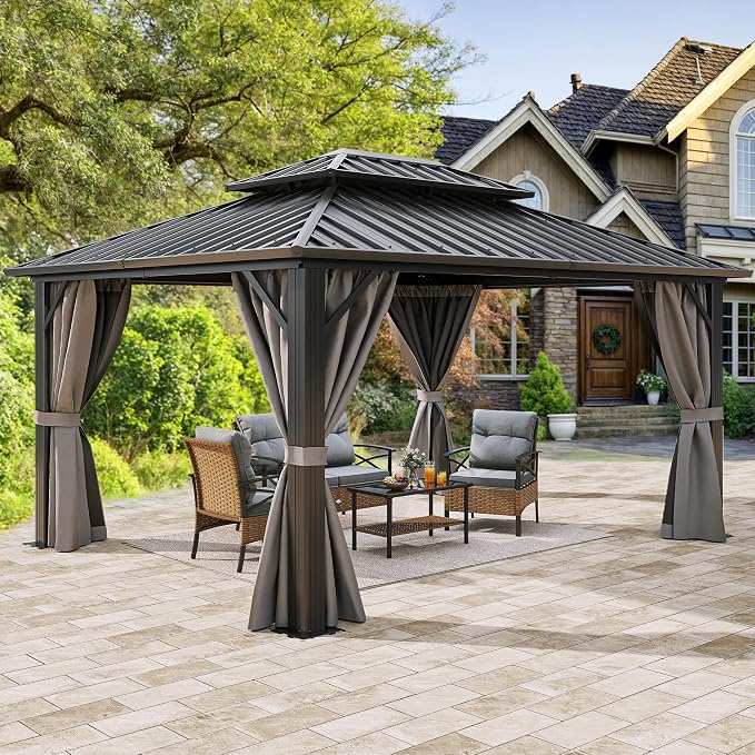 YITAHOME 10X12FT Gazebo Hard Top Patios Aluminum Frame Double Roof Canopy by YITAHOME