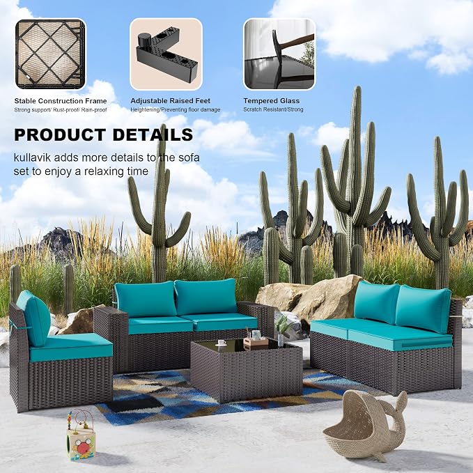 Kullavik Outdoor Patio Furniture Set 6 Pieces Sectional Rattan Sofa Set Brown - Image 4