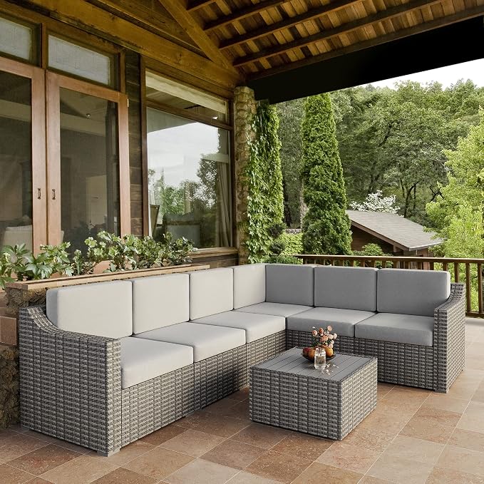HAPPATIO 7 Piece Patio Conversation Set, Rattan Wicker Outdoor Sectional Sofa by HAPPATIO