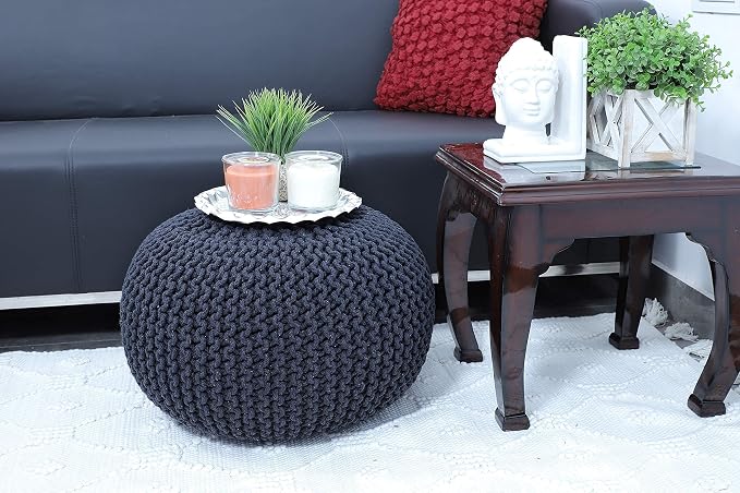 FRELISH DECOR Round Pouf Ottoman Hand Knitted 100% Cotton Pouf Foot Stool - Image 4