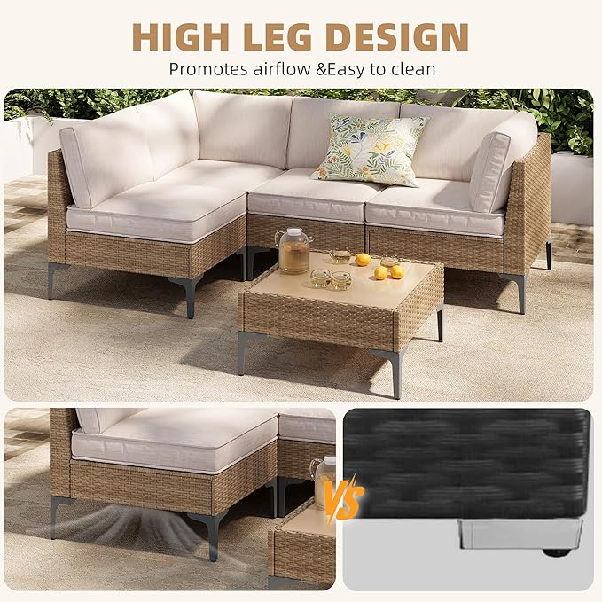 5-Piece Patio Furniture Set, Outdoor Wicker Sectional Sofa - Image 3