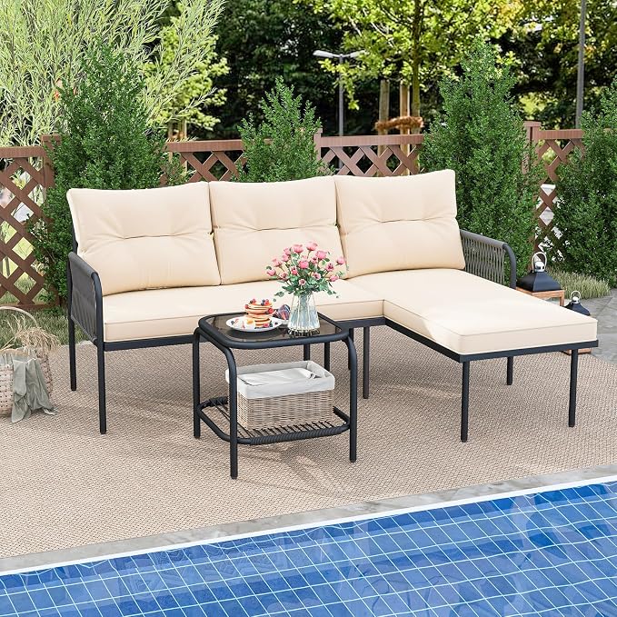 Tangkula 3-Piece L Shaped Patio Furniture Set, PE Rattan Sectional Sofas - Image 3