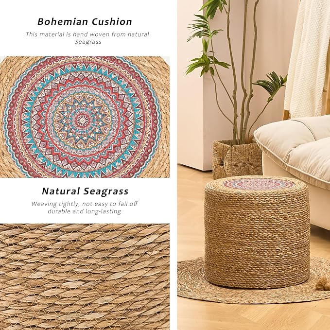 Handwoven Ottoman Pouf, Natural Seagrass Footstool, Round Braided Outdoor Seat - Image 4