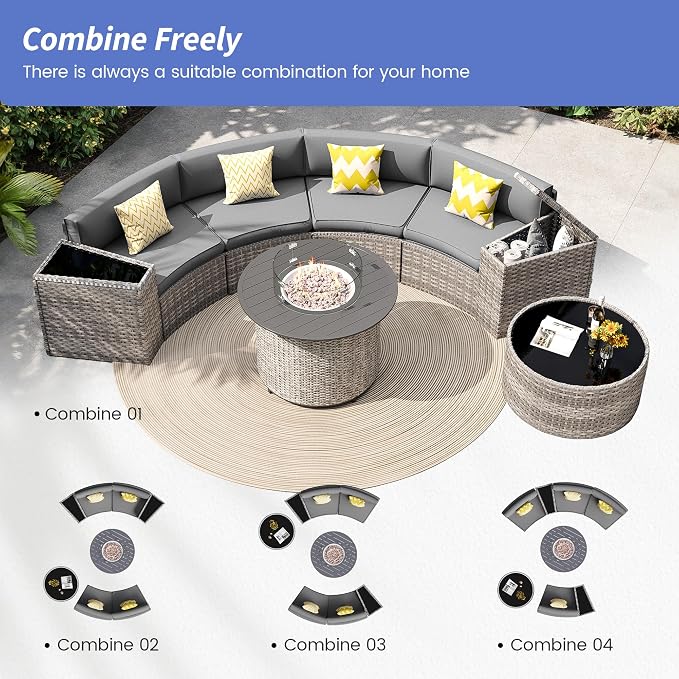 Patio Sectional Furniture Outdoor 8-Piece Grey Rattan Curved Sofa Set - Image 7