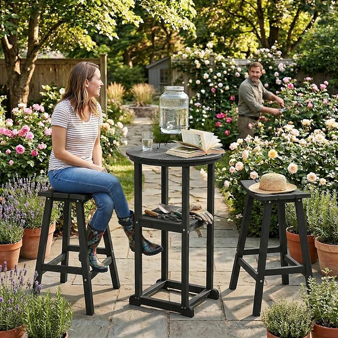 Ciokea 3 Pcs Compact Outdoor Bar Set, Space-Saving Round Bistro Set - Image 7