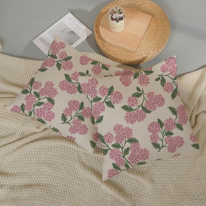 Preppy Pink Spring Pillow Covers 18x18 Inch 2 Pcs Green Hydrangea Flower Decor - Image 5