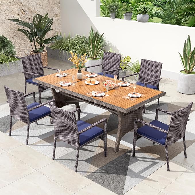 PHI VILLA Outdoor Dining Set for 6, Rectangular Wicker Table by PHIVILLAThepioneerofcomfortablehouseholdsupplies