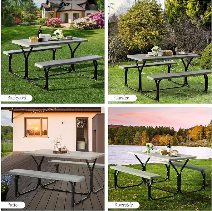 Giantex Picnic Table Bench Set Outdoor Camping All Weather Metal Base Wood-Like - Image 7