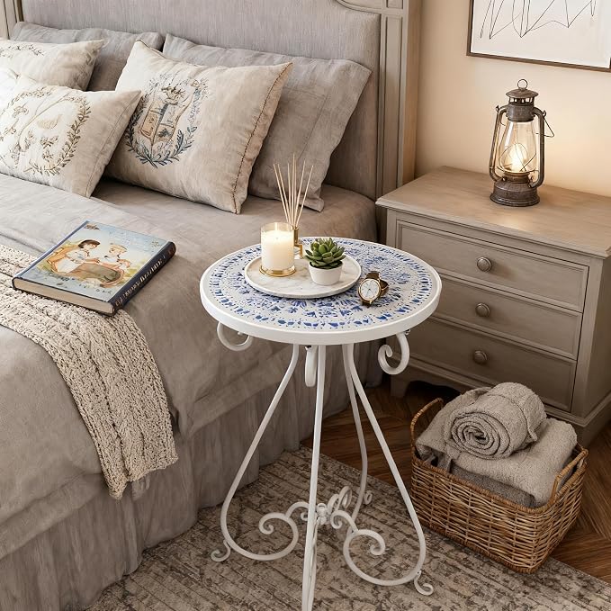 Outdoor Side Table & Mosaic Plant Stand, Indoor Outdoor Coffee Tea Table - Image 6