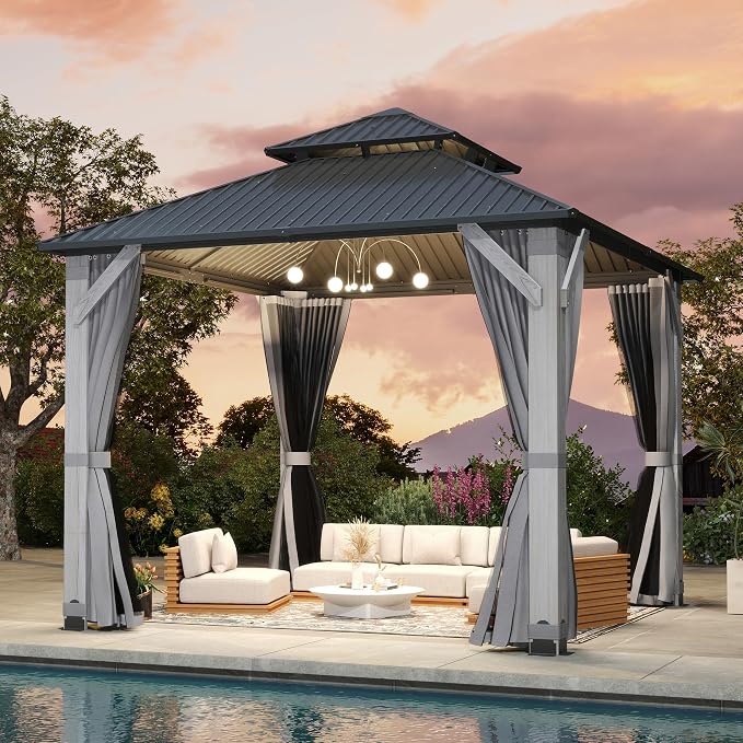 10'x10' Hardtop Wood Gazebo, Outdoor Double Roof Galvanized Steel Top Gazebo by 10x10FTHardtopWoodGazebo