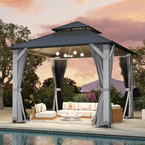 10'x10' Hardtop Wood Gazebo, Outdoor Double Roof Galvanized Steel Top Gazebo by 10x10FTHardtopWoodGazebo