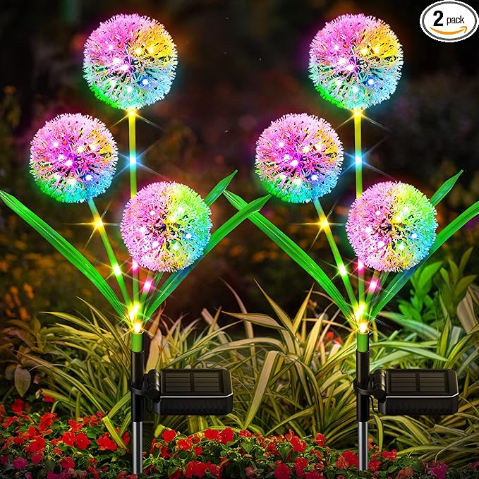 Solar Lights Outdoor Garden Decor: 2 Pack Upgraded Solar Dandelion Garden Light by BONLION