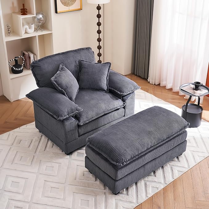 46.9" W Oversized Chair with Ottoman, Corduroy Upholstered Chaise Lounge Chair - Image 3