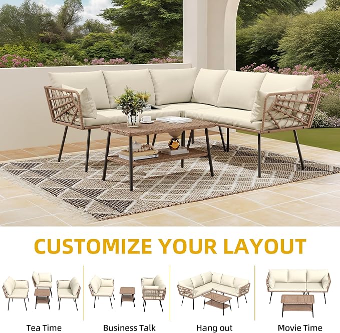 DWVO Outdoor Sectional Sofa 4 Piece 5-Seater Rattan Patio Furniture Set - Image 2