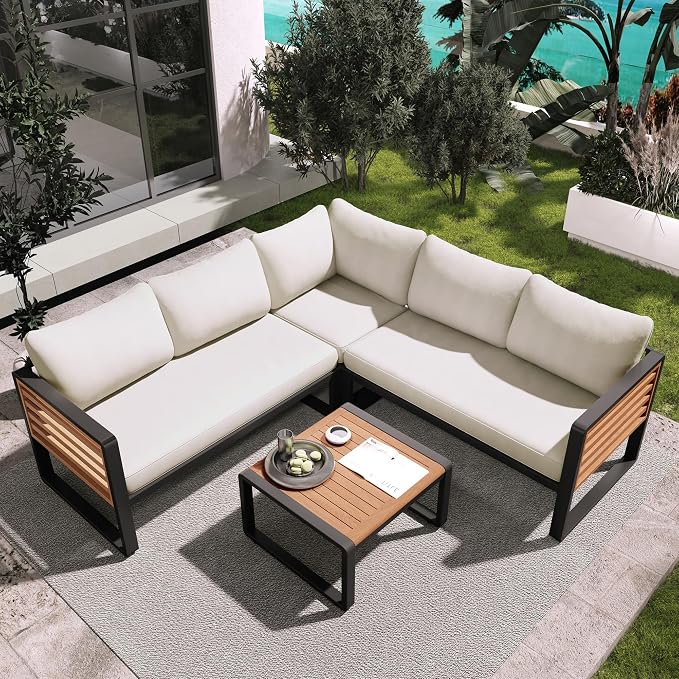 4 Pieces Outdoor Patio Conservation Set, Metal and Wood Frame Sectional by Merax