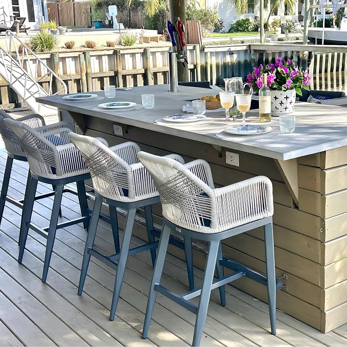 PURPLE LEAF Patio Sunbrella Bar Height Stools 28" H Set of 4 Boho Rattan - Image 3