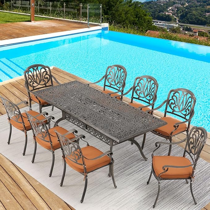 Cast Aluminum Patio Furniture Set 9-Piece Outdoor Dining Set Includes 86.6’’ by RICHRYCE